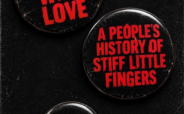 Cover of Barbed Wire Love: A People's History of Stiff Little Fingers by Ian Templeton, red lettering on three black badges