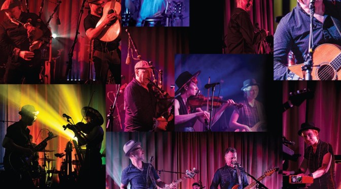 Exit the Haggis album cover: a collage of Enter the Haggis on stage with pipes, fiddle and guitars under red and blue lights
