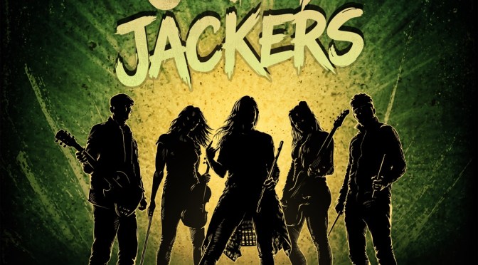 Jolly Jackers The Weird Ones album cover: five band members in silhouette with instruments against a green and gold backdrop