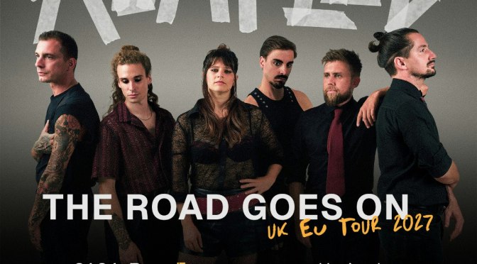 The Rumpled's The Road Goes On UK EU Tour 2027 poster showing the six-piece band in black against a grey backdrop